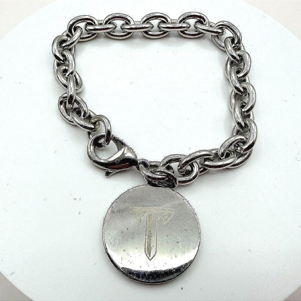 Vintage Y2k Silver‎ Tone Chain Bracelet Engraved Round T Initial Charm Jewelry